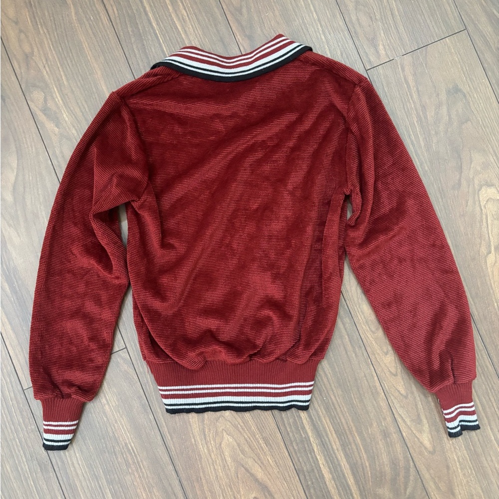Men's Red Long-Sleeve Knit Polo Sweater with Striped Trim - Picture 2 of 5